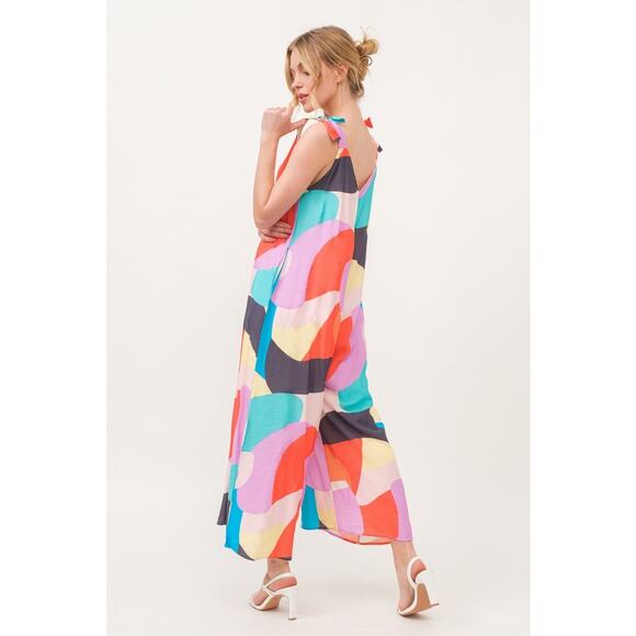 And The Why Tied Shoulder Straps Geo Print Pockets Wide Leg Jumpsuit | Yellow - Picture 7 of 11